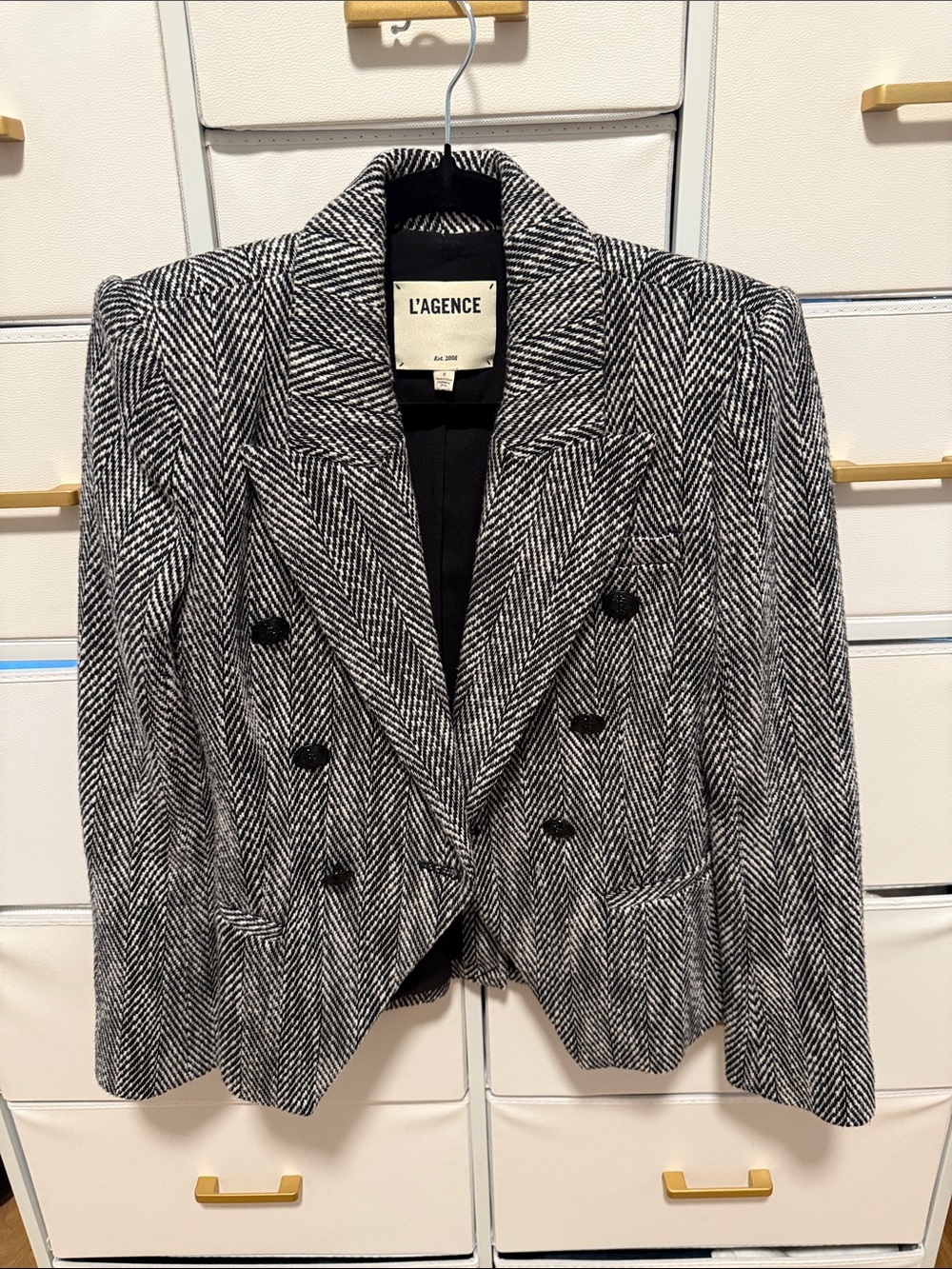 L'AGENCE Black and White Herringbone Double-Breasted Blazer